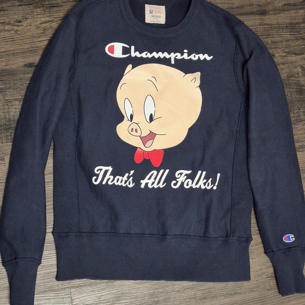 Champion Running Man Navy Crewneck with Porky Pig Graphic and Red Bow